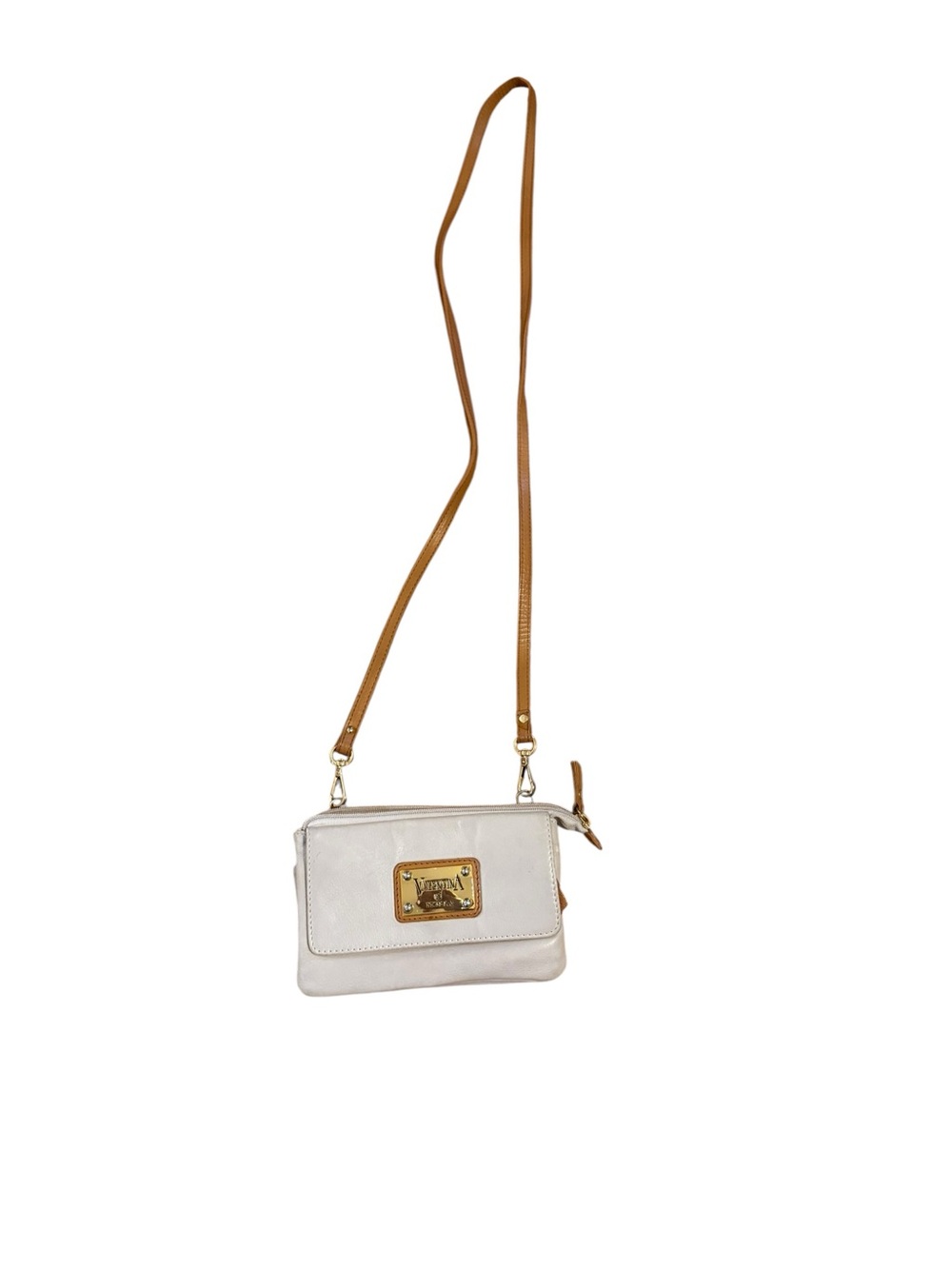 Valentina Crossbody Bag with Tan Strap and Gold Plaque - Designer Accent